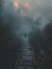 Mysterious figure on a foggy forest bridge - A ghostly silhouette of a person standing on a wooden bridge amidst dense fog with a dark forest backdrop