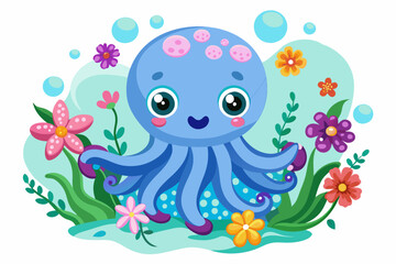 Fototapeta na wymiar Charming octopus cartoon adorned with vibrant flowers, exuding an adorable and whimsical aura.