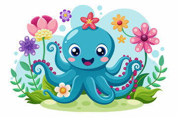 Charming cartoon octopus adorned with vibrant flowers