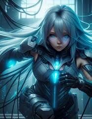 SFサイバーパンクな世界のバトルスーツに身をまとった女性戦士が突撃するシーン07