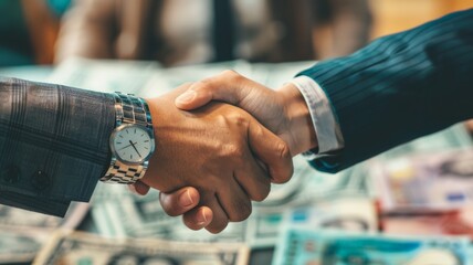 Business handshake with visible wristwatch - A professional handshake captured with high detail showcasing a wristwatch, indicating a punctual or time-sensitive business agreement