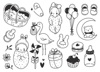 set of cute baby accessories doodle line art