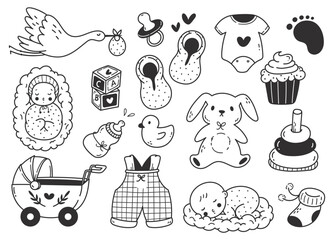set of cute baby accessories doodle line art