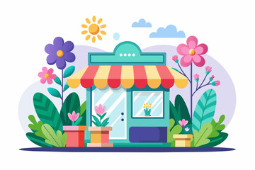 Charming online shop cartoon adorned with flowers on a white background.