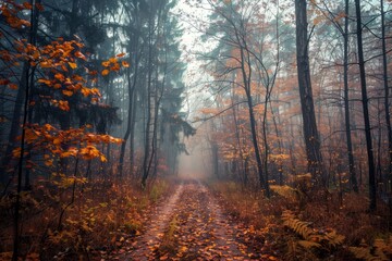 Woodland path with autumn leaves and fog - A scenic view of a forest trail covered with autumn leaves, surrounded by trees in mist