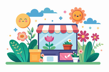 Online shop cartoon charming with flowers on a white background.