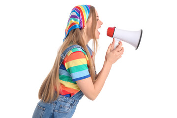 Young woman in colors of LGBT flag shouting into megaphone on white background