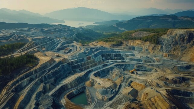 Aerial view of a vast mining operation - An expansive open pit mine with layers of excavated earth showcasing the industrial scale of mining operations