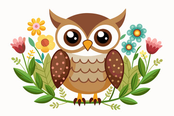 Fototapeta premium Charming owl cartoon with flowers on a white background.