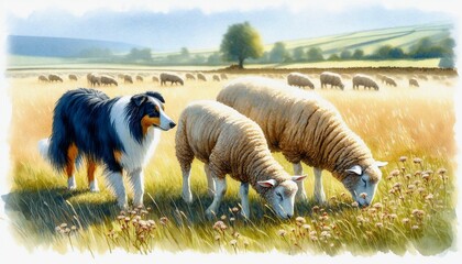 Border collie dog herding sheep - obrazy, fototapety, plakaty