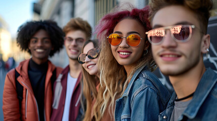 Diverse trendy youngsters on the street , close up