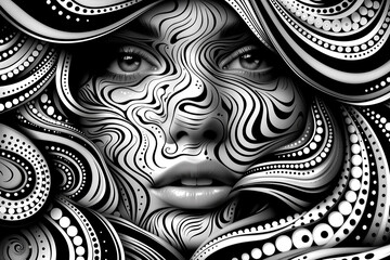 Monochrome art of a womans face with a striking pattern in black and white