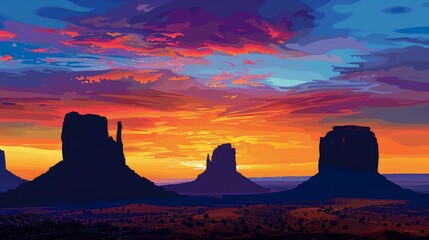 Artistic silhouette of desert rocks against a colorful sunset sky. - obrazy, fototapety, plakaty