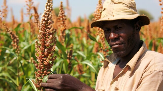 A local farmer in a rural dry region tending to his crops of droughtresistant sorghum and camelina both of which have been identified as promising crops for sustainable biofuel production .