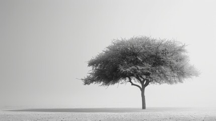 Minimalistic image of a lone desert tree with soft, diffused light.