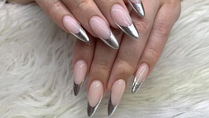 Chic Elegance: Almond Shaped Acrylic Nails with Soft Pink & Silver French Tips