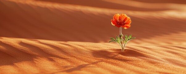Minimalistic image of a single desert flower in bloom amidst the sand. - obrazy, fototapety, plakaty