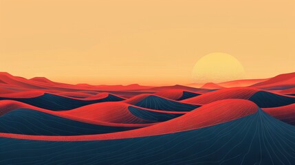Minimalistic image of desert terrain with simple lines and shapes. - obrazy, fototapety, plakaty