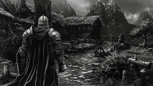 Lone Medieval Knight Overlooking a Village in a Mountainous Landscape