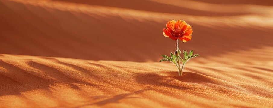 Minimalistic image of a single desert flower in bloom amidst the sand.