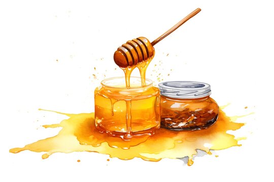 Honey dripping from a wooden honey dipper into a jar.