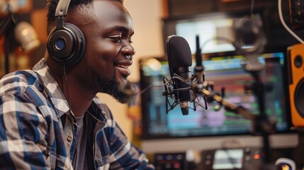 Fototapeta na wymiar A smiling radio presenter wearing headphones reads the news into a studio microphone at a radio station. Generative AI