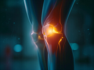 Medical Illustration of a Glowing Human Knee Joint with Focus on Pain Points