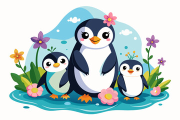 Charming cartoon penguins holding flowers, symbolizing love and happiness.