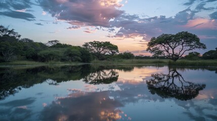 The symphony of the evening sky is reflected in the still waters surrounding the Jatropha grove. The pastel pinks and blues of the sky are mirrored in the water creating a peaceful .