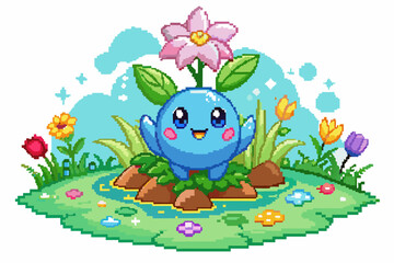Naklejka premium Charming pixelated cartoon flowers bloom on a pristine white backdrop.