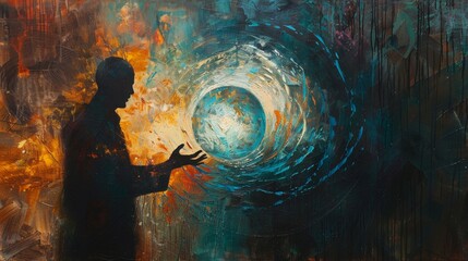 Psychic Waves: Abstract Painting of Crystal Ball and Shadowy Figure - obrazy, fototapety, plakaty