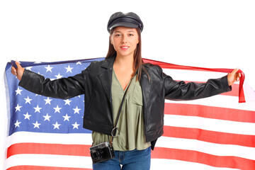Beautiful young woman with USA flag on white  background