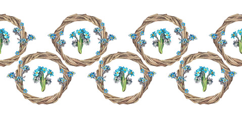 Seamless rim with watercolor wreath and blue flower forget - me - not on white background. Spring and summer plant for book and card. Hand-drawn art for vintage border for wallpaper or wrapping