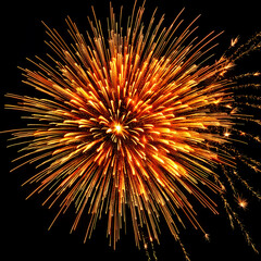 A vibrant display of fireworks, with the brightest cluster at the center and smaller bursts surrounding it against a dark background.