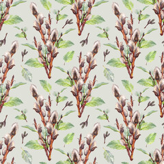 Seamless pattern with watercolor willow and leaves on green background. Hand-drawn brown branch herb for spring Easter decor. Botanical bouquet illustration for wallpaper and wrapping. Nature