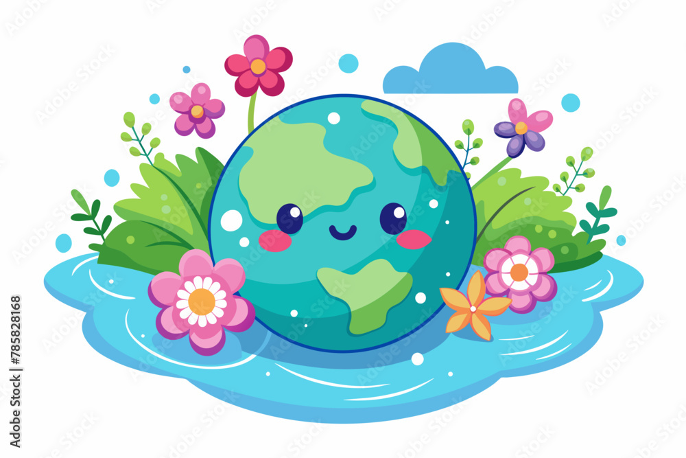 Sticker planet cartoon appears charming with flowers adorning its surface.