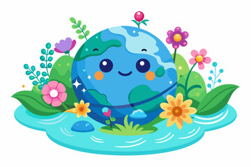A charming cartoon planet adorned with vibrant flowers blooms on a pristine white background.