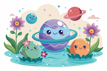 Planets cartoon charming with flowers on a white background