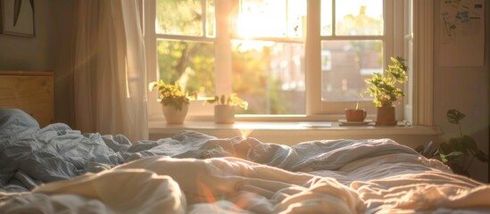 Warm sunlight filters through a window, casting a soft glow on a neatly made bed with a comfortable blanket - obrazy, fototapety, plakaty