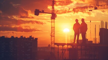 Silhouetted workers on construction site at sunset - Workers are silhouetted against a vibrant sunset on a building construction site with cranes and developing structures