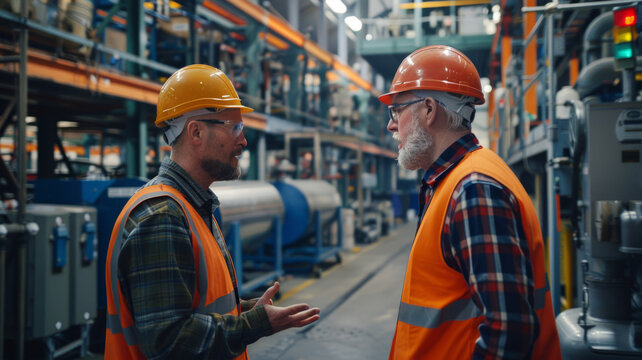 Workers discussing in an industrial plant - Two workers with hard hats are discussing work in an industrial setting, signaling teamwork and collaboration in manufacturing