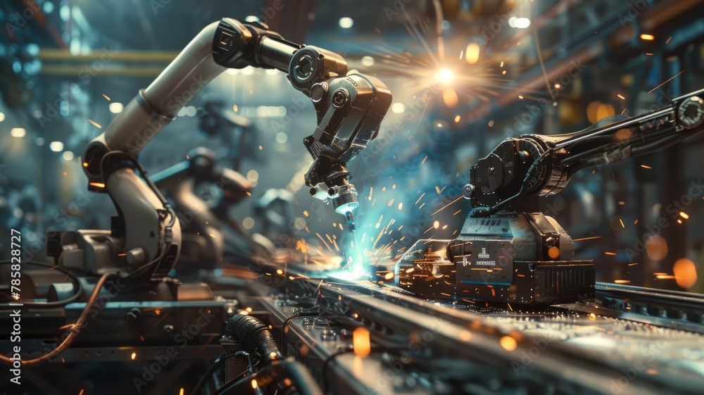Poster high-tech robots welding in assembly line - modern robots with precise movements welding on an assem