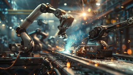 High-tech robots welding in assembly line - Modern robots with precise movements welding on an assembly line reflecting state-of-the-art automation and engineering
