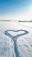 Aerial shot, minimalist snowy field, contrasting paths creating a heart, clear blue sky