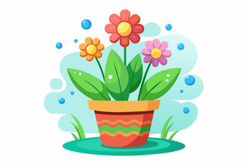 Charming cartoon pot flower with colorful blooms on a white background.
