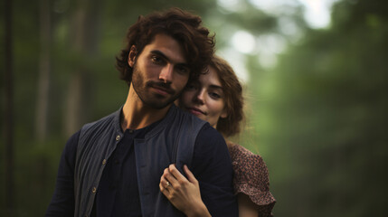 Portrait of a young couple in love embracing each other in the forest. Looking at camera