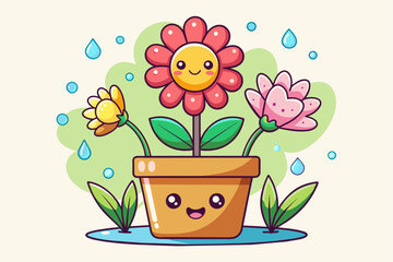 Charming cartoon flowerpot adorned with vibrant blossoms.