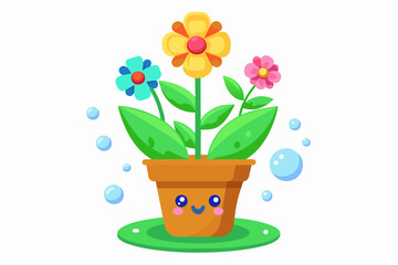 Charming cartoon pot flower with colorful blooms adorns a white background.