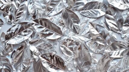 Silver leaves on foil for artistic concept - Silver artificial leaves are scattered on a crumpled silver foil, creating a contrast of textures and shapes