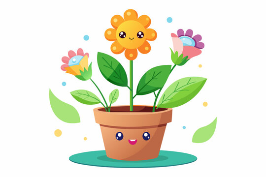 Charming cartoon pot flower with colorful blossoms adorns a white background.